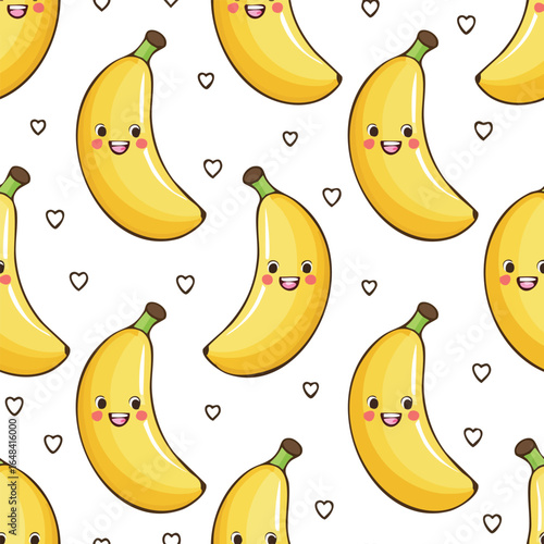 A cheerful repeating pattern featuring smiling cartoon bananas with hearts on a white background.