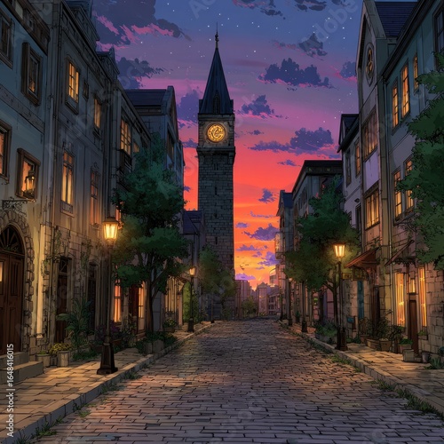Evening town street with clock tower