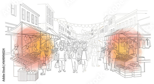 Vibrant atmosphere of a bustling street market with outlined illustrations