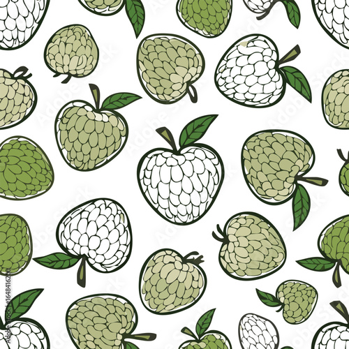 Seamless pattern of custard apples with green leaves on a white background, detailed illustration.