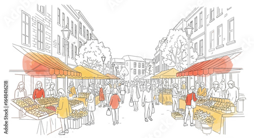 Vibrant urban scene of a bustling outdoor farmers market with fresh produce