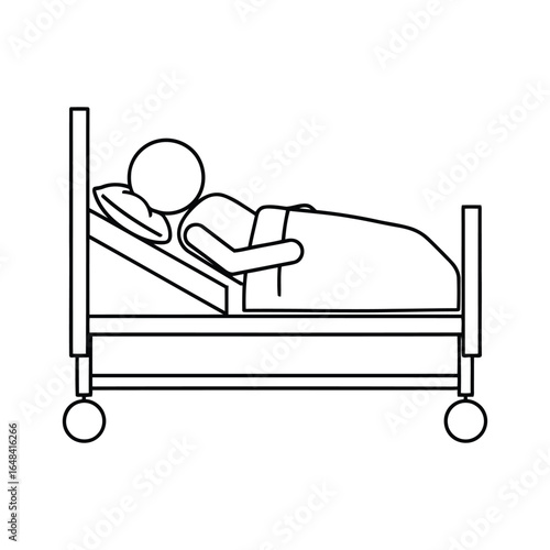 Patient in Hospital Bed Line Art Vector Icon Isolated on White