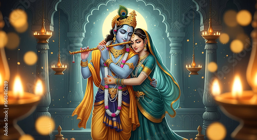 Krishna and Radha in a Temple Setting with Oil Lamps.