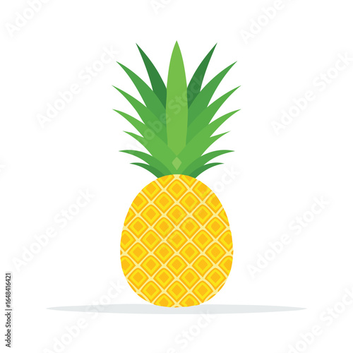 A detailed illustration of a ripe pineapple with green leaves, isolated on white.