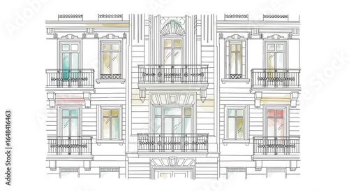 Watercolor architectural building facade with balconies and window details