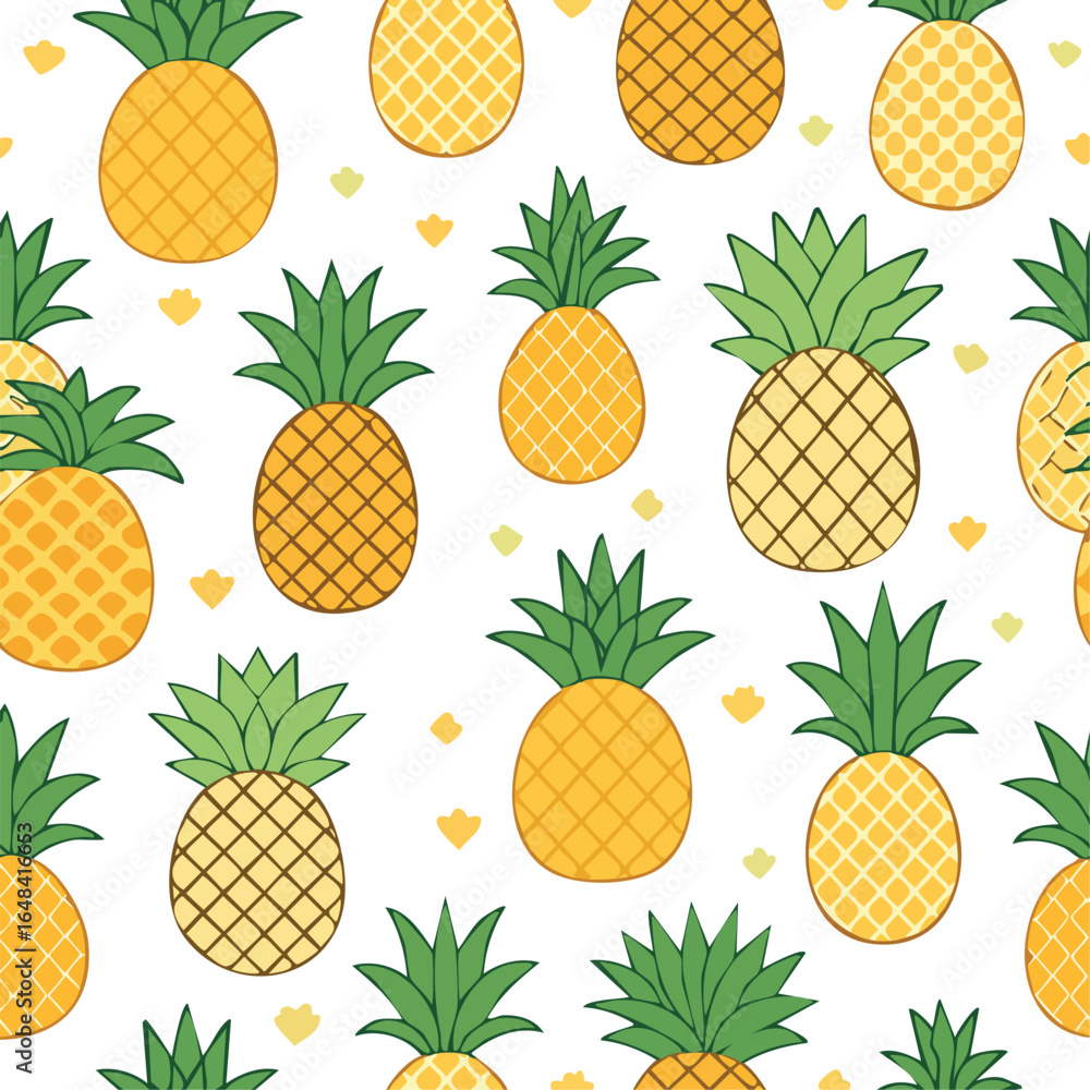 A repeating pattern of various cartoon pineapples on a white background.