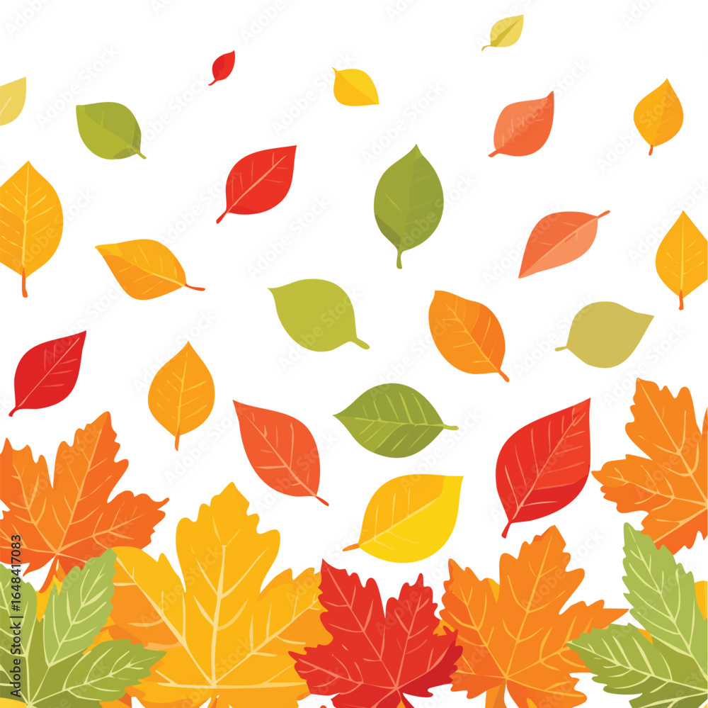 Obraz premium Vibrant illustration of colorful autumn leaves falling against a white background, showcasing seasonal beauty.