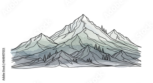 Watercolor mountain peaks landscape drawing with coniferous trees illustration