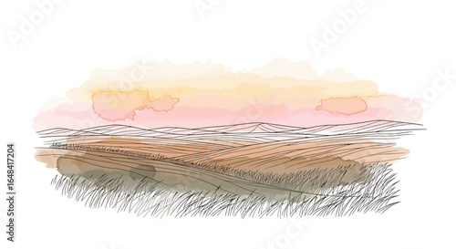 Watercolor painted rural farmland scenery in shades of brown and pink color