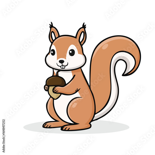 Cartoon illustration of a cute brown squirrel holding an acorn with a happy expression.