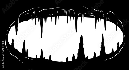 dramatic cave entrance black and white illustration perfect for adventure fantasy or mystery projects needing a striking visual