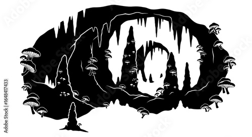 enchanting black and white cave illustration perfect for fantasy game design or mysterious book covers featuring stalactites stalagmites and luminescent mushrooms