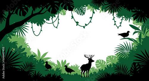 lush rainforest silhouette frame perfect for ecofriendly designs wildlife conservation projects and tropical travel brochures