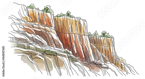Watercolor style vector illustration of textured layered rock formations