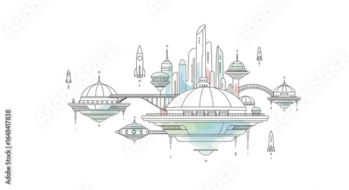 Whimsical Watercolor Skyline Depicting a City of the Future in Line Art