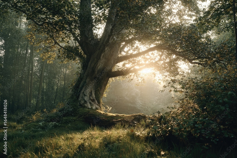 Obraz premium Sunlight filtering through ancient woodland tree