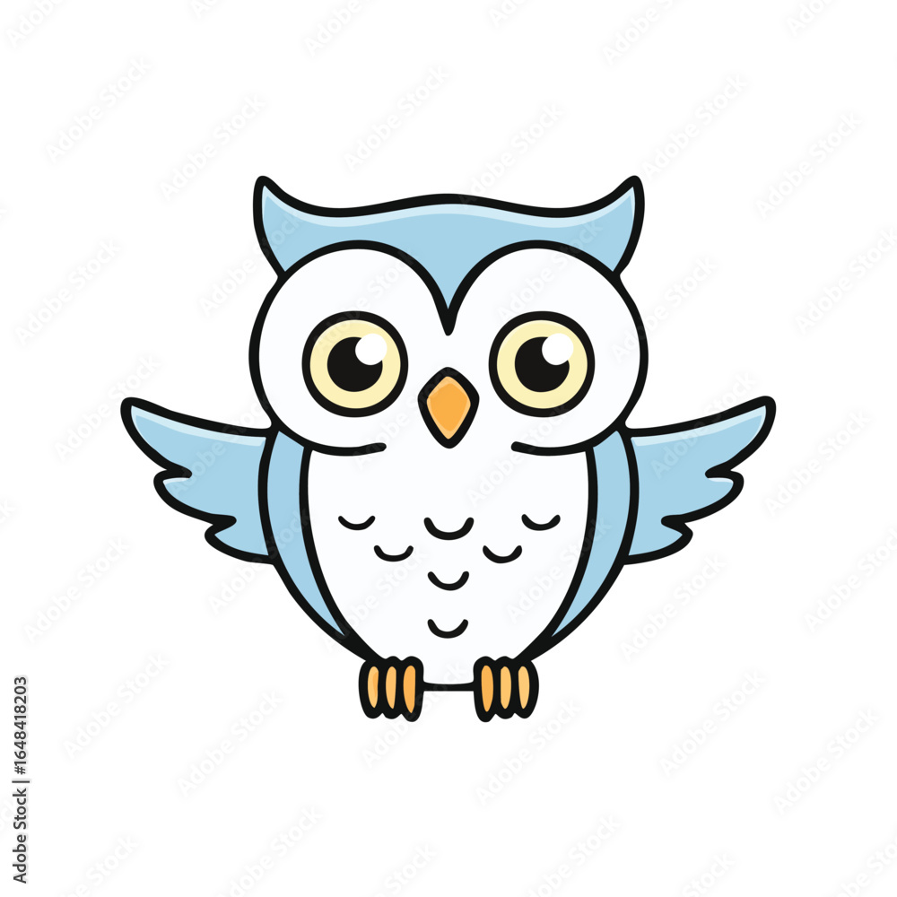 Naklejka premium A charming cartoon illustration of a blue owl with outstretched wings, a cute design.