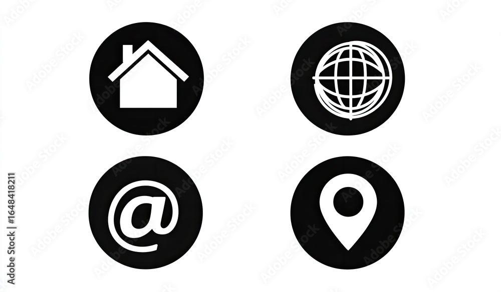 Obraz premium Four black circular icons. Home, globe, email, location. Simple, graphic design (1)