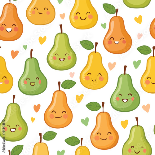 A delightful cartoon pattern featuring smiling pears in various colors on a white background.