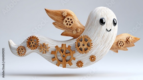 Cheerful Steampunk Ghost with Wooden Gears for Halloween Celebration