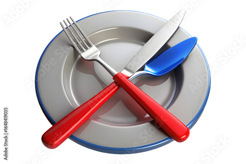 Silver plate with red fork and knife blue spoon cutlery