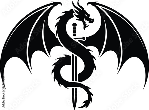Black Dragon with Sword Silhouette wings