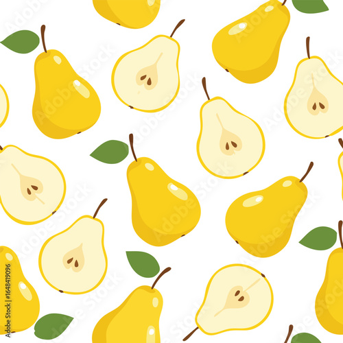 A vibrant and detailed illustration featuring a repeating pattern of ripe, yellow pears with green leaves.