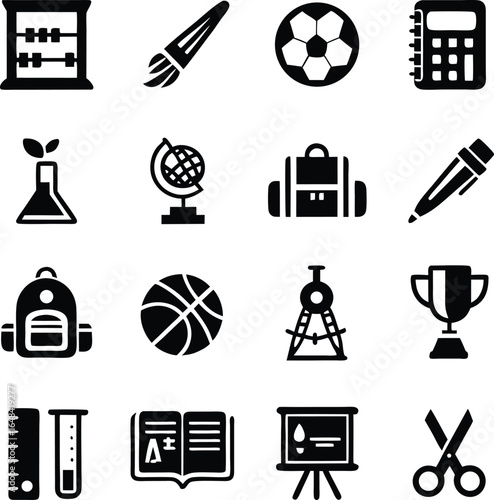 Black and White Education Icon Set Depicting Academic Subjects and School Supplies for Educational Resources and Creative Designs
