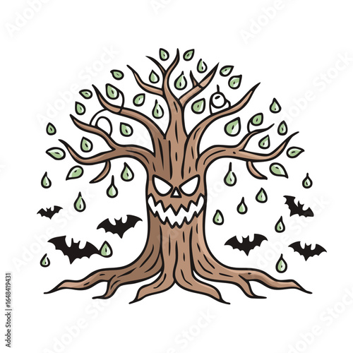 A spooky cartoon illustration of a tree with a scary face, bats, and falling leaves.