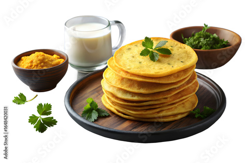 Stack of yellow pancakes with milk and dips food breakfast