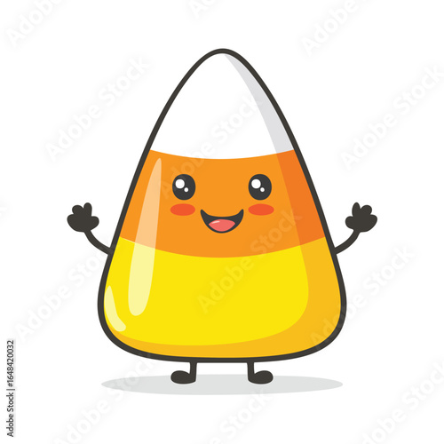 A cute cartoon candy corn character with a smiling face and outstretched arms.