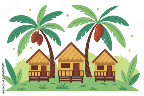 Cartoon Beach Huts with Palm Trees and Coconuts on a Tropical Island Setting