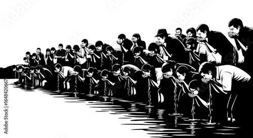 community thirst a striking black and white illustration depicting a crowd drawing water from a source ideal for articles on water scarcity environmental issues and social inequality