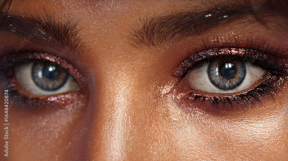 Fototapeta premium Elegant close-up portrait showcasing vibrant and meticulously applied eye makeup, emphasizing the captivating allure and artistry behind modern cosmetic techniques