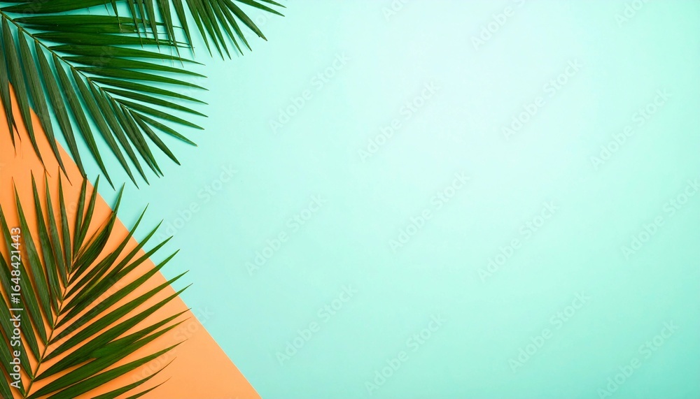 Fototapeta premium ミントグリーンとオレンジの爽やかな南国背景 夏色パームリーフ 南国を感じさせるミニマルなデザイン