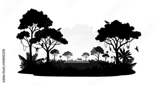 silhouette of a vibrant jungle scene monkeys birds and lush tropical foliage perfect for ecoconscious designs conservation projects and travel brochures