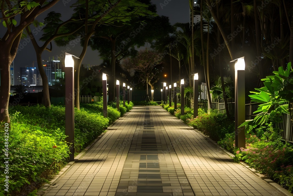 Fototapeta premium Serene nighttime pathway illuminated by soft lights, surrounded by lush greenery and urban skyline