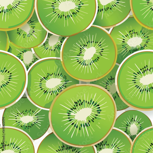 Overhead view of many sliced kiwis, showcasing their vibrant green color and intricate details.