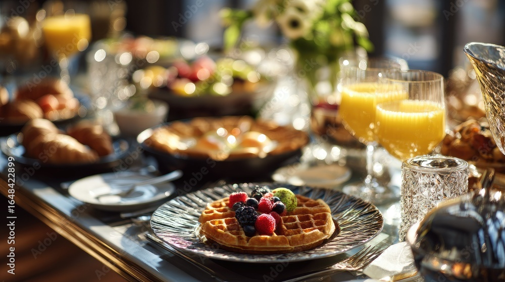 Naklejka premium Breakfast spread with waffles, fruit, and orange juice