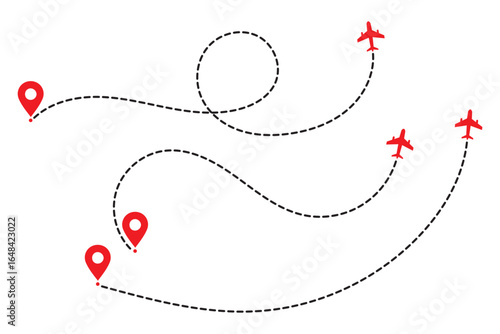 Minimalist airplane travel path with map pins. Dashed route line representing a plane journey, romantic trip, business travel, and flight routes. Destination map line icon, Location map path distance.