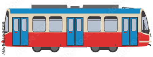 Train Illustration with Red, Blue, and Beige Details in a Vector Design