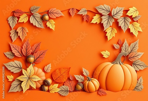 Intricate paper cut design featuring autumn leaves, acorns, and pumpkins on a warm orange background,   texture,   halloween