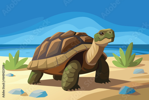 Cartoon Tortoise on Sandy Beach with Blue Sky Background Illustration Style
