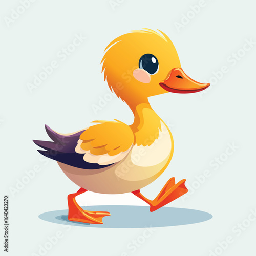 A cute cartoon duckling with yellow feathers and an orange beak is walking.