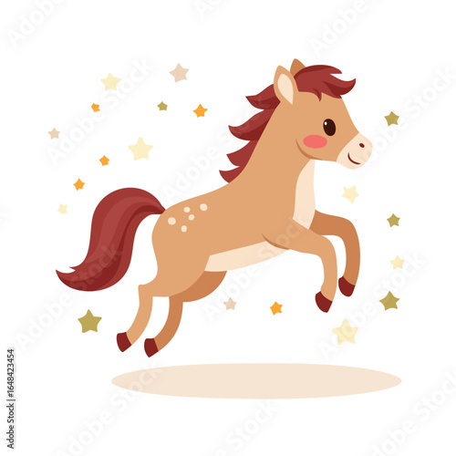 A cute cartoon horse jumping with joy, surrounded by colorful stars, a cheerful illustration.
