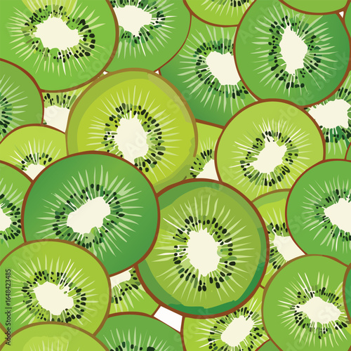Close-up view of many sliced kiwis, showing the green flesh and black seeds, arranged in a pattern.