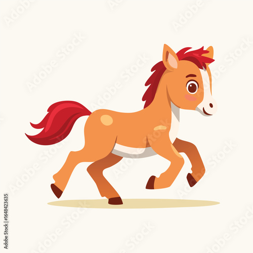 A cute cartoon illustration of a running brown horse with a red mane and tail.