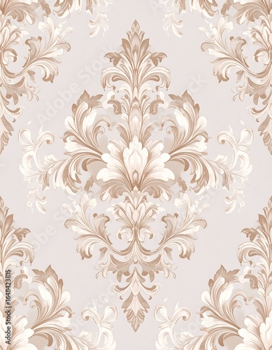 Elegant, repeating damask pattern in beige and off-white on a light grey background