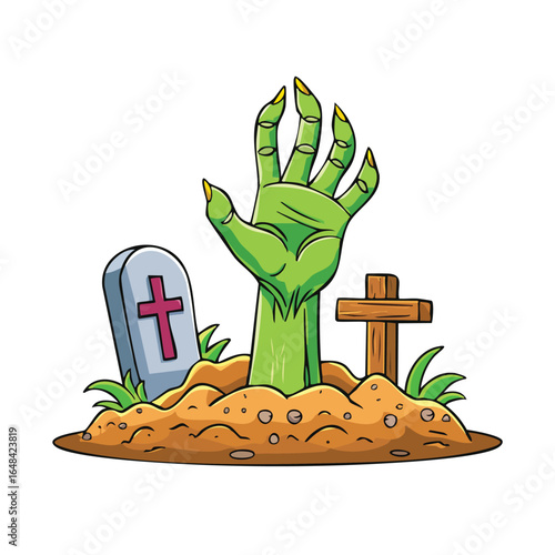 A green zombie hand emerging from the ground near a tombstone and wooden cross.