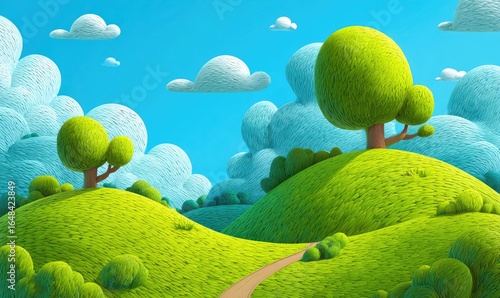 Cartoonish, sunny landscape with hills